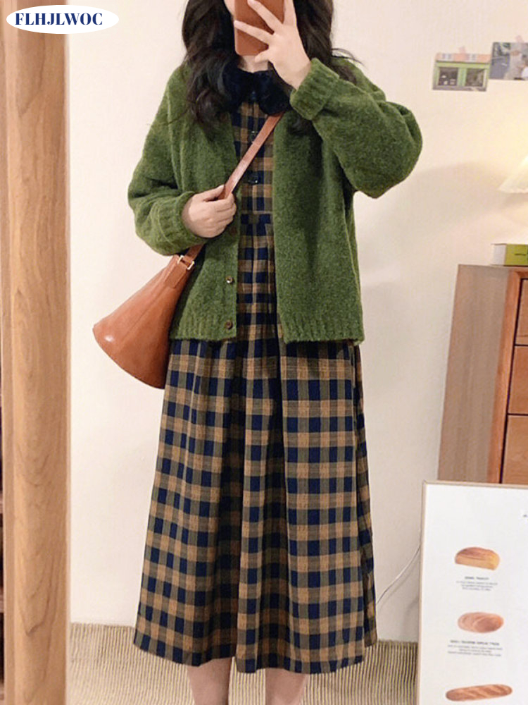 Vintage Fashion Korea - Kawa sukienka w kratę 2023 podstawowe