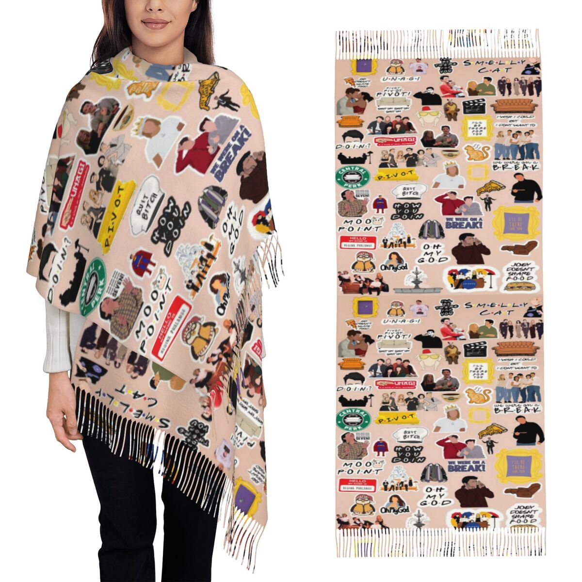 Vintage Fashion Collage - Szal z frędzlami z kolażem symboli